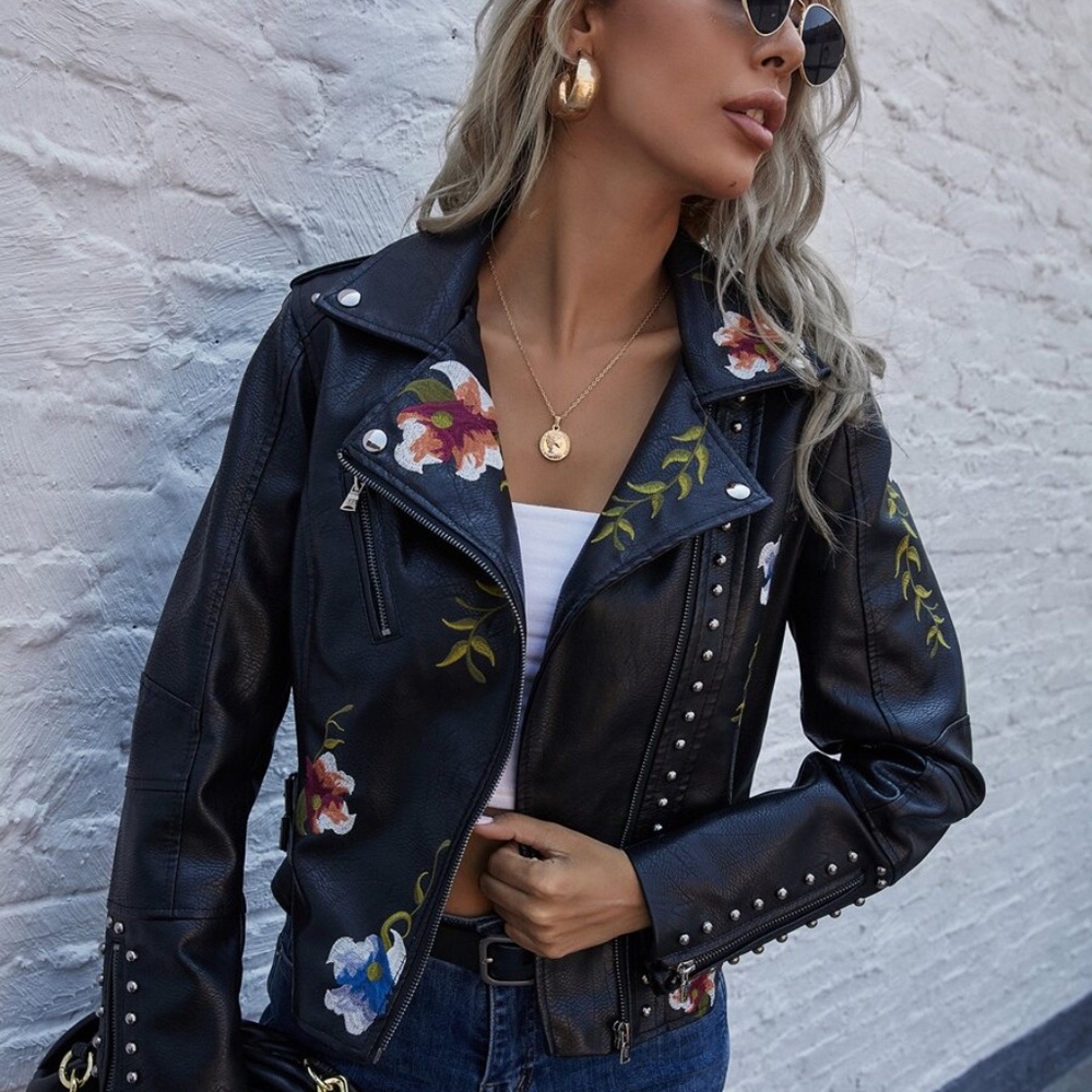 black embroidered floral leather biker moto jacket - Picture 4 of 8